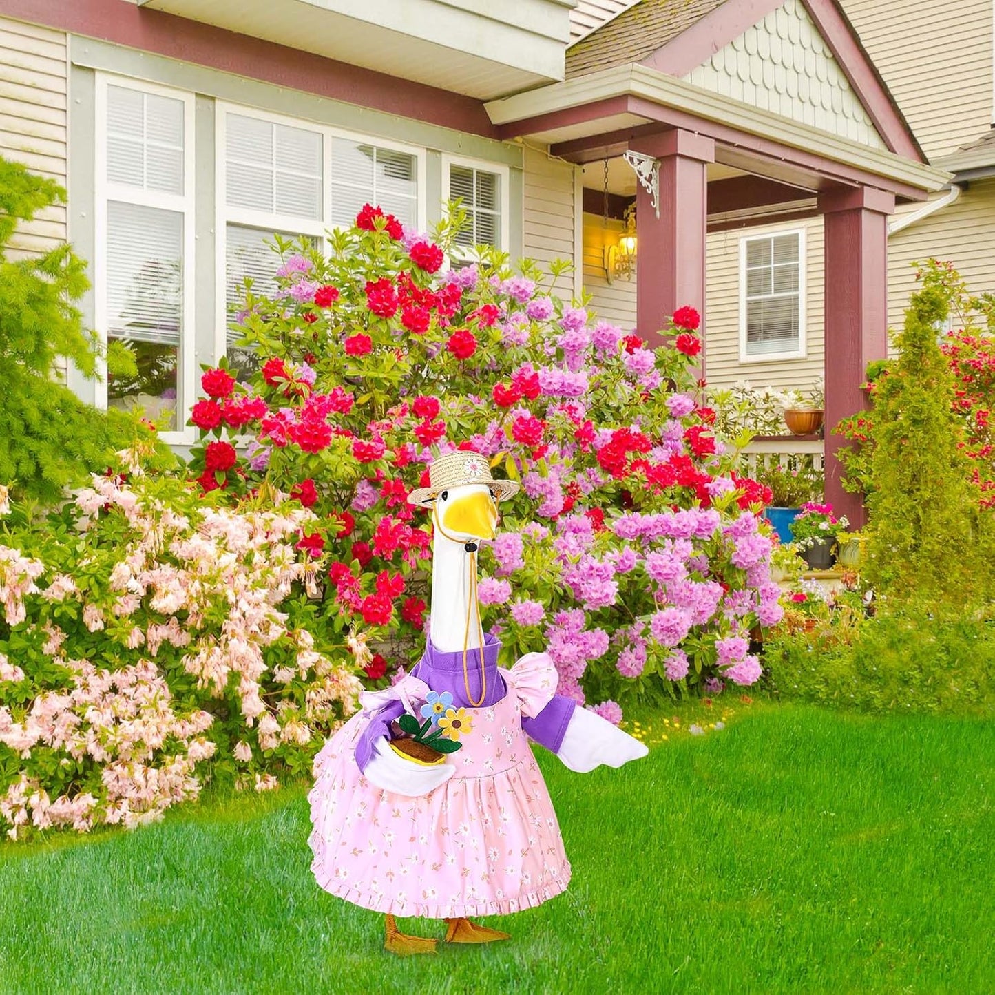 Sweet Gardener Porch Goose Outfits 23" Goose Statue Clothes Lawn Cement Goose Garden Yard Decor (Pink)