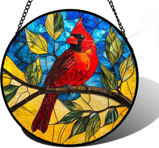 Stained Glass Window Hanging, Blue Sky Cardinal Sun Catchers Colorful Glass Panel Red Birds