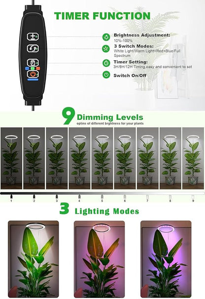 10" Grow Lights for Indoor Plants Full Spectrum,160LEDs Indoor Plant Light for Indoor Growing,Height Adjustable 11"-65" for Large Plant,Auto On/Off Timer 3/9/12H,9 Dimmable Brightness,Black Wood Grain