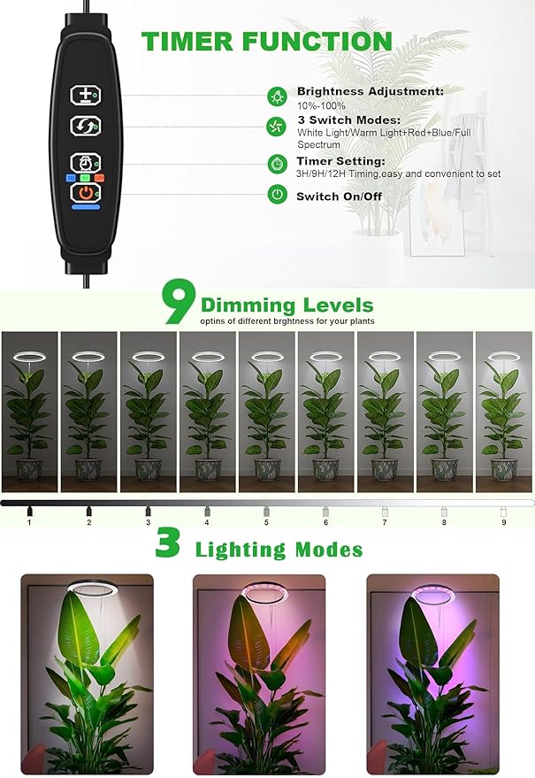 10" Grow Lights for Indoor Plants Full Spectrum,Indoor Plant Light for Indoor Growing with 160LEDs,Height Adjustable 11"-65" for Large Plant,Auto On/Off Timer 3/9/12H,9 Dimmable Brightness,Wood Grain
