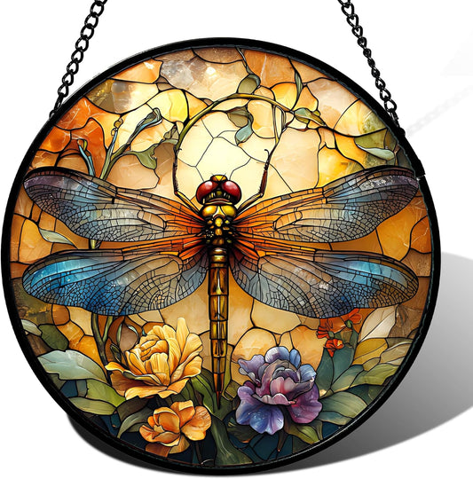 Stained Glass Window Hanging - Orange Blue Dragonfly Flower Suncatcher for Doors Window Home Sun