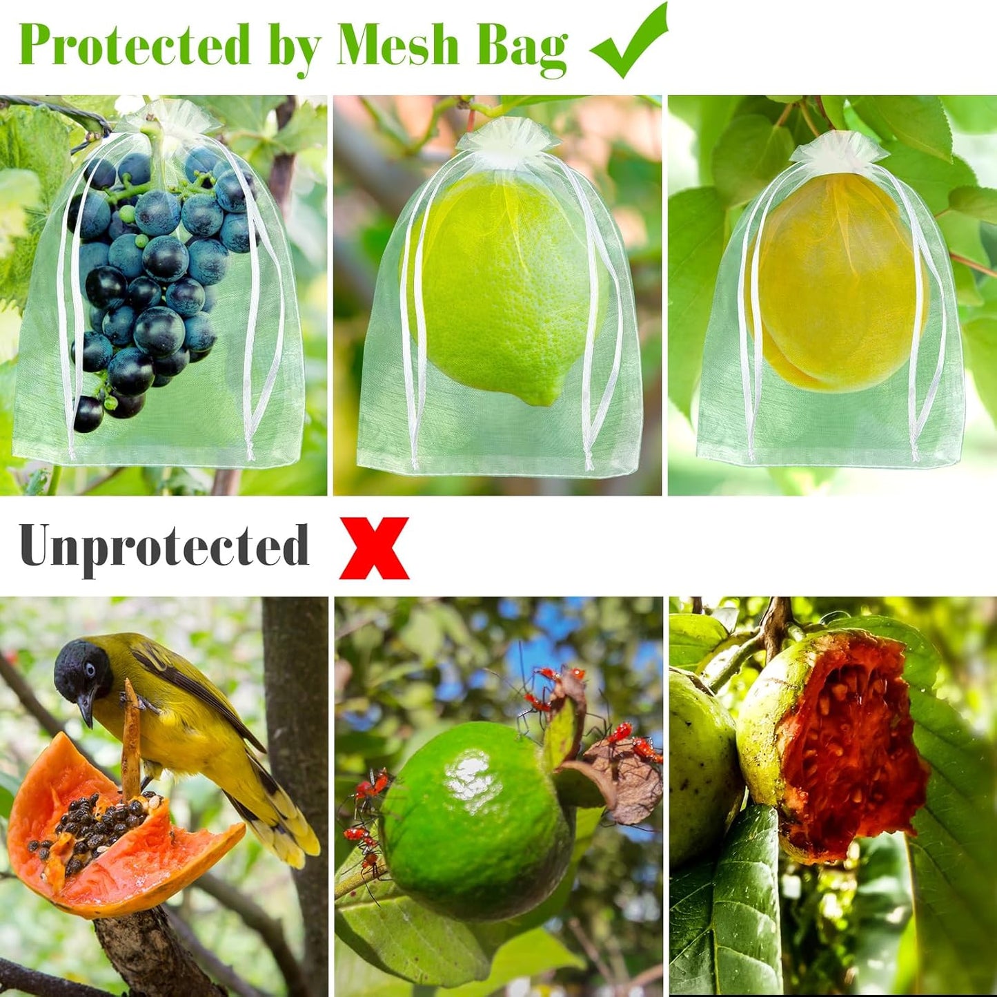 Morcheiong 120Pcs Fruit Protection Bags 6" x 8", Garden Netting Mesh Bags with Drawstring, Reusable Fruit Netting Bags for Fruit Trees (White)
