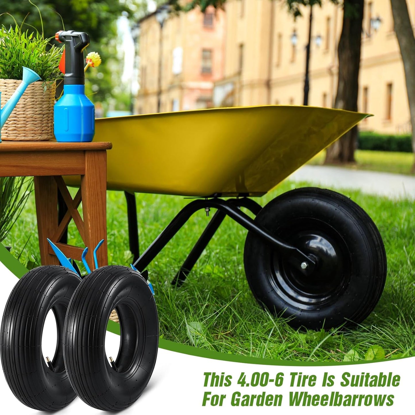 4 Sets 13'' 4.00-6 Replacement Tire and Inner Tube Set Heavy Duty 4.00-6 Tire and Wheel with TR13 Straight Valve Stem and Ribbed Tire Treads, for Wheelbarrow Trolley Garden Wagon Wheels