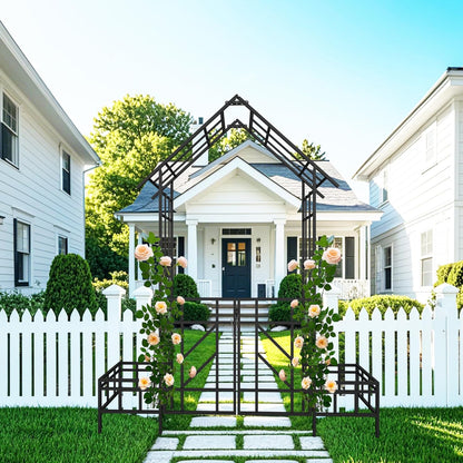 Metal Garden Arch with Gate and Planter 97.24" H Garden Arbor Trellis Climbing Plants Support Rose Arch Outdoor Lawn Wedding Party Events Archway, Black