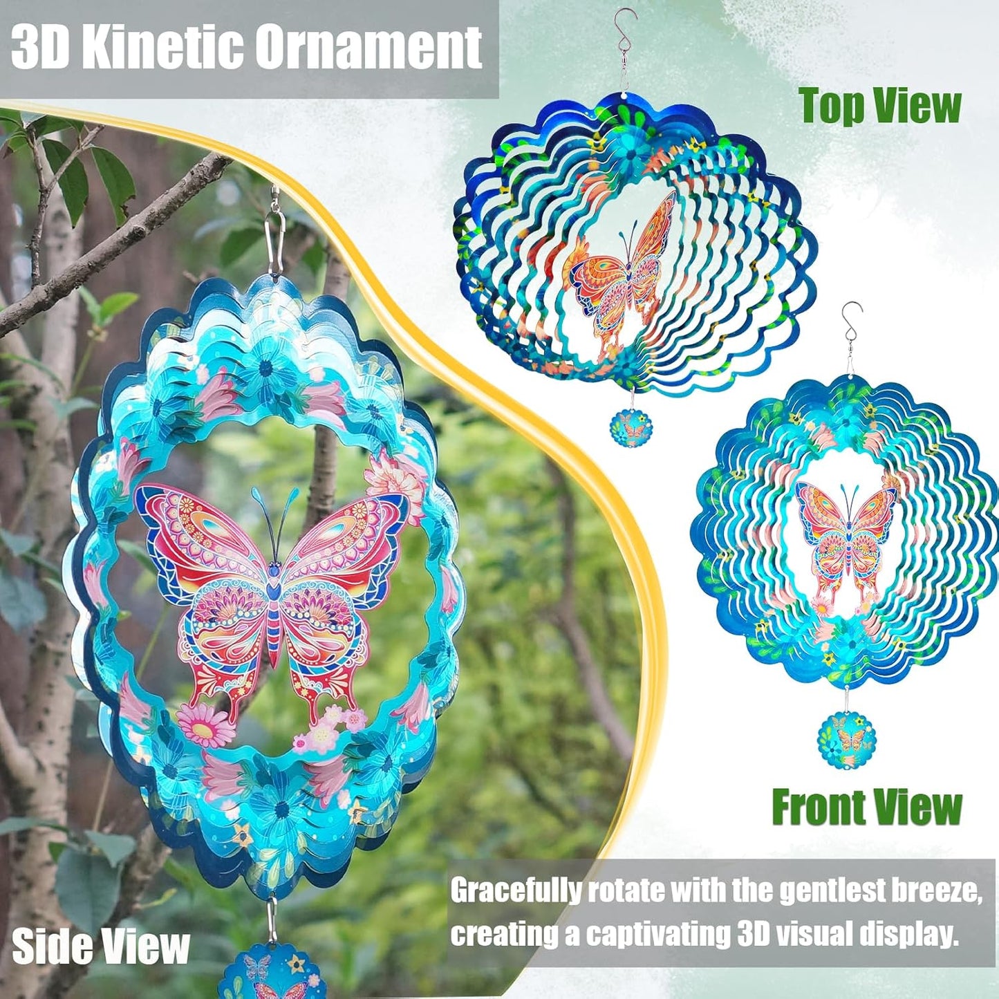 Butterfly Wind Spinners for Yard and Garden,12 Inch 3D Stainless Steel Hanging Kinetic Yard Art Wind Sculpture, Kinetic Art Garden Decor for Christmas Outdoor & Indoor