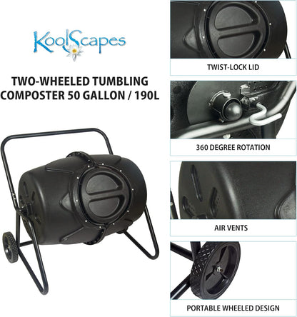 Koolscapes Wheeled Tumbling Composter – 50-Gallon Portable Eco-Friendly Rotating Bin BPA-Free Recycled Plastic with Sturdy Steel Frame & Twist-Lock Lid for Year-Round Composting