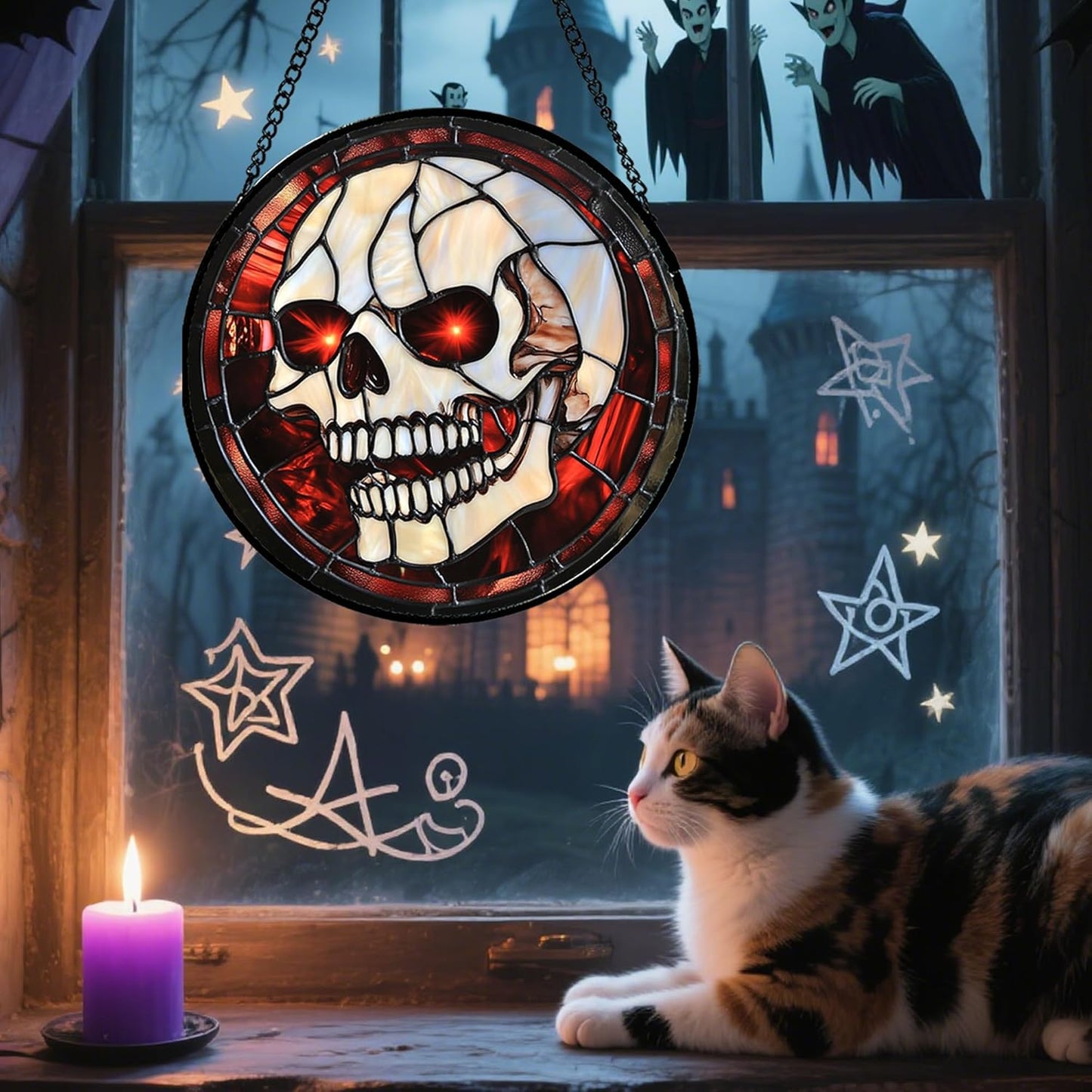 Stained Glass Window Hanging - Halloween Decorations White Skeleton Suncatcher for Doors Garden Indoor Spooky Funny Red Sun Catchers Gothic Decor Horror Gifts for Women Men Friend 9.8 in