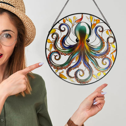 Octopus Stained Glass Window Hanging, 9.8’’ Sun Catcher Glass Panel Ocean Theme Wall Art Decor with Chain, Birthday Gift for Sons, Daughters, Grandson