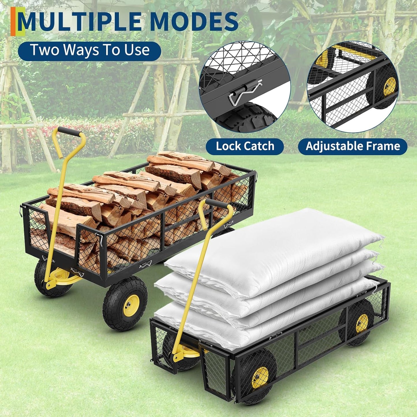 GarveeLife 900 LBS Garden Cart with Removable Mesh Sides, Heavy Duty Steel Garden Wagon with Adjustable Handles & 10 in Pneumatic Tires, Utility Wagon for Lawn Camping Farm Yard, Black+Yellow