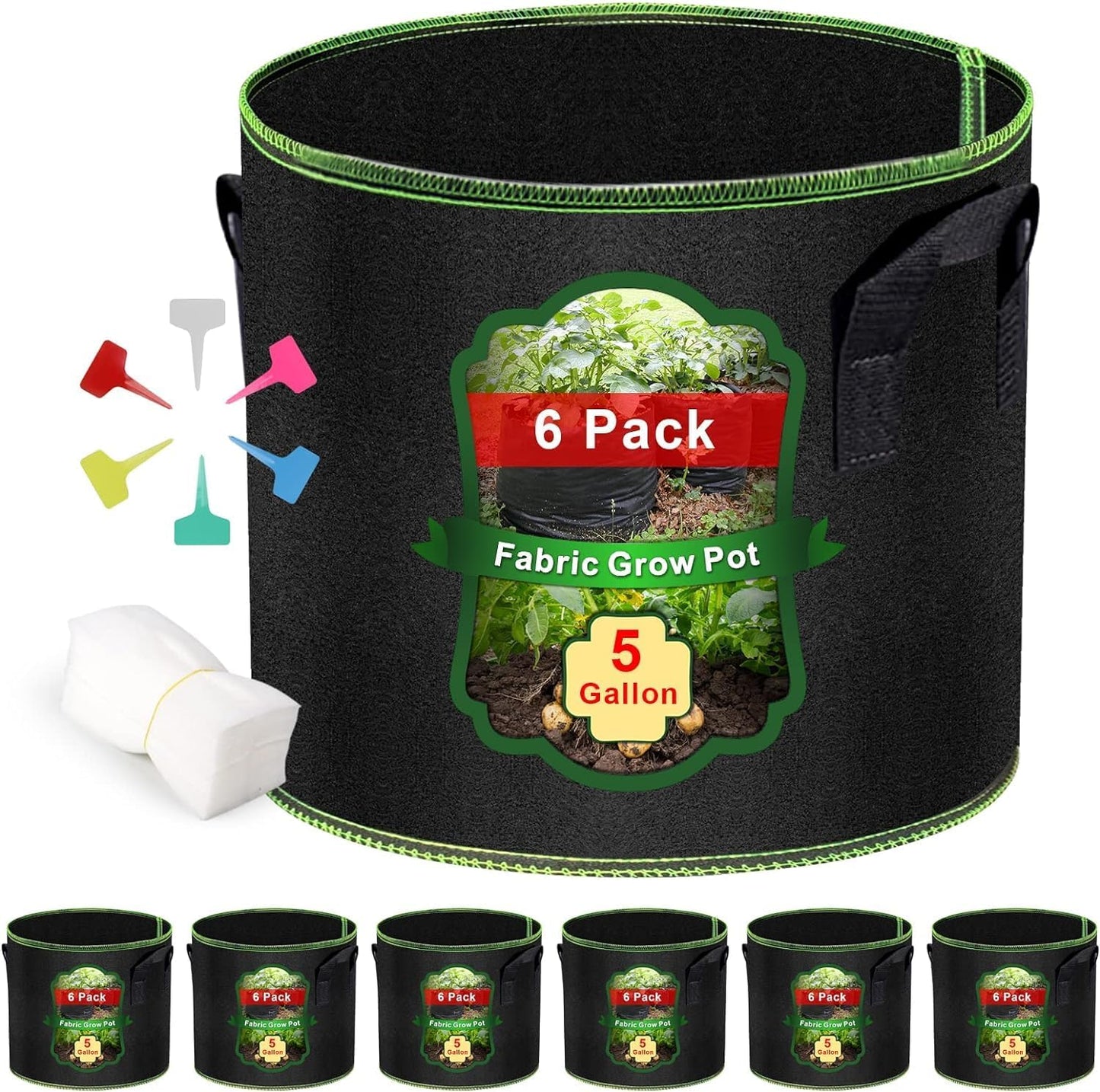 Grow Bags of 6-Pack 5Gallon, Garden Planter Bags with Handles, Thickened Nonwoven Fabric Aeration Planting Pots, Vegetable Gardening Fabric pots with Plant Tags and Seedling Bags, Black