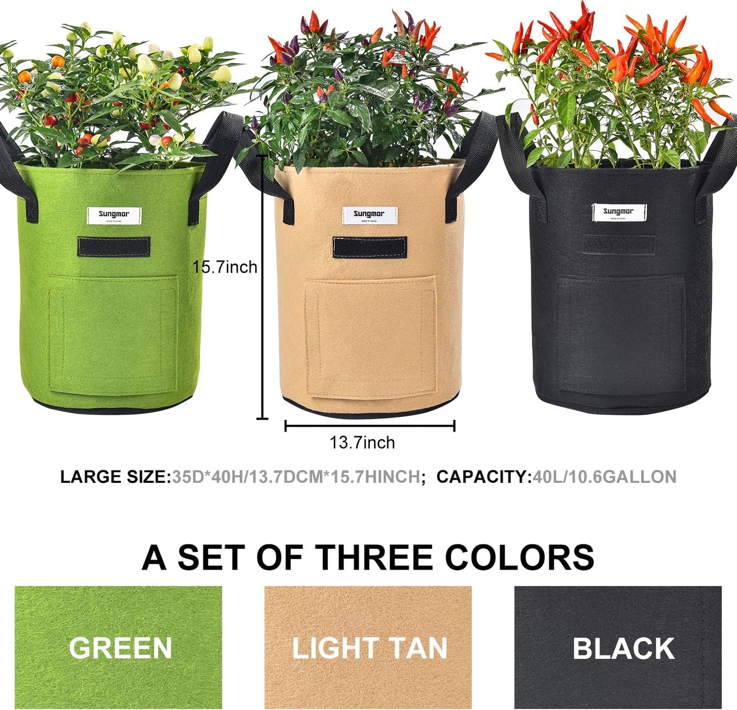 Sungmor 3PC Large Fabric Pots, Grow Bags for Plants 10 Gallon Patio Garden Bags Cloth Pots, Heavy Duty Thick Non Woven Planters Flower Pots Gardening Planting Bags for Flowers Vegetables Pepper Plants