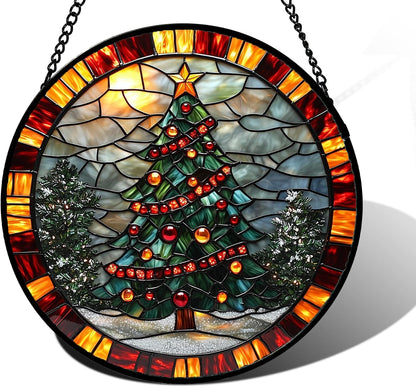 Stained Glass Window Hanging - Winter Christmas Tree Suncatcher Ready to Hang Window Doors Home Decoration, Christmas, Mother's Day Birthday Gifts for Women, Men, and Mom 6.3x6.3 in