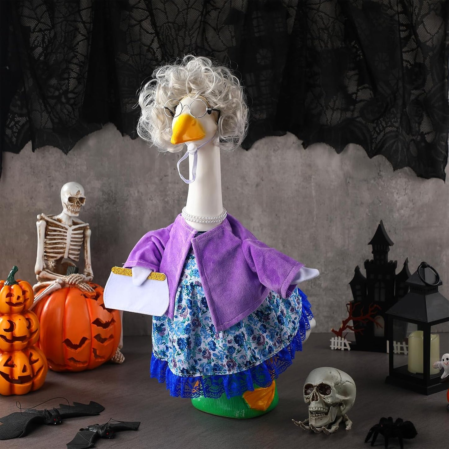 Abbylike Halloween Porch Goose Outfits Old Lady Goose Clothes with Sunglasses Pearl Necklace and Silver Wig for 23" Geese Halloween Outdoor Patio Yard Lawn Decoration