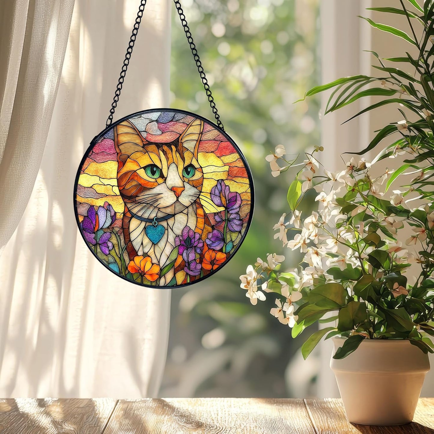 Cat Flower Suncatcher Stained Glass Window Hanging, Orange Cat Sun Catchers Indoor Window Glass Wall Art Decor, Kitten Floral Wall Hanging Decor Decorations, 7.9x7.9 Inch 033-MH-BLGH