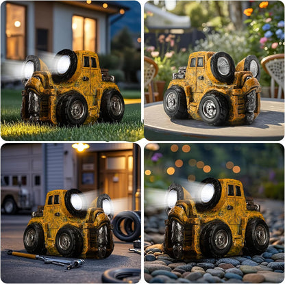 Garden Statue Outdoor Construction Vehicle Decor with Solar Light Decoration for Yard Patio Lawn Vintage Engineering Decor Gifts for Women
