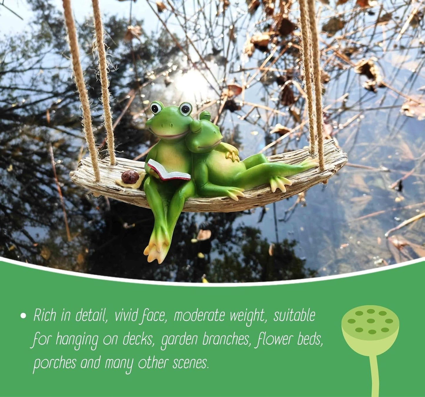 Artisan Flair Hanging Swing Frog Statues - Frog Statues for Garden Outdoors, Reading Book Frog Figurine, Resin Couple Decor for Garden, Balcony, Tree Decoration