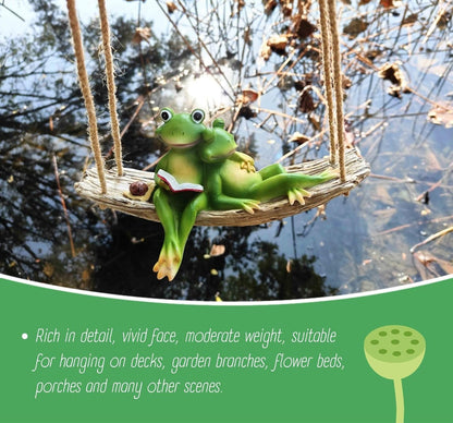 Artisan Flair Hanging Swing Frog Statues - Frog Statues for Garden Outdoors, Reading Book Frog Figurine, Resin Couple Decor for Garden, Balcony, Tree Decoration