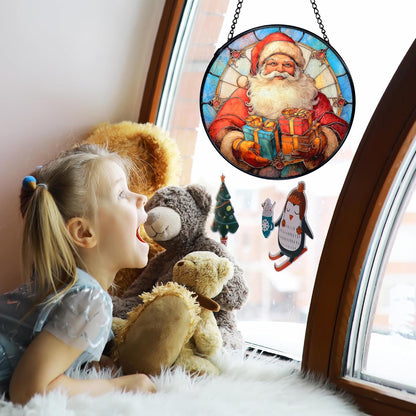 TNUW Christmas Stained Glass Window Hanging, Retro Winter Xmas Santa Claus Sun Catchers Indoor Window Glass Round Wall Art Decor, Christmas Wall Hanging Decorations, 7.9＂x7.9＂