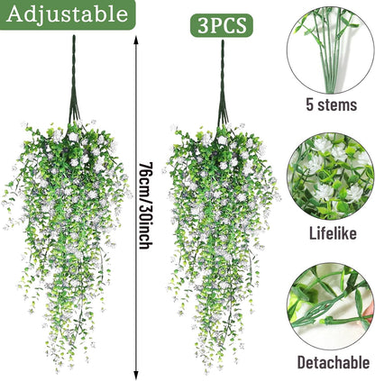 Artificial Hanging Flowers, 3 Pcs Fake Hanging Plants Artificial Vines for Outdoors, Fake Ivy Vine UV Resistant No Fade Faux Plants for Indoor Outside Garden Patio Yard Greenery Decoration (White)