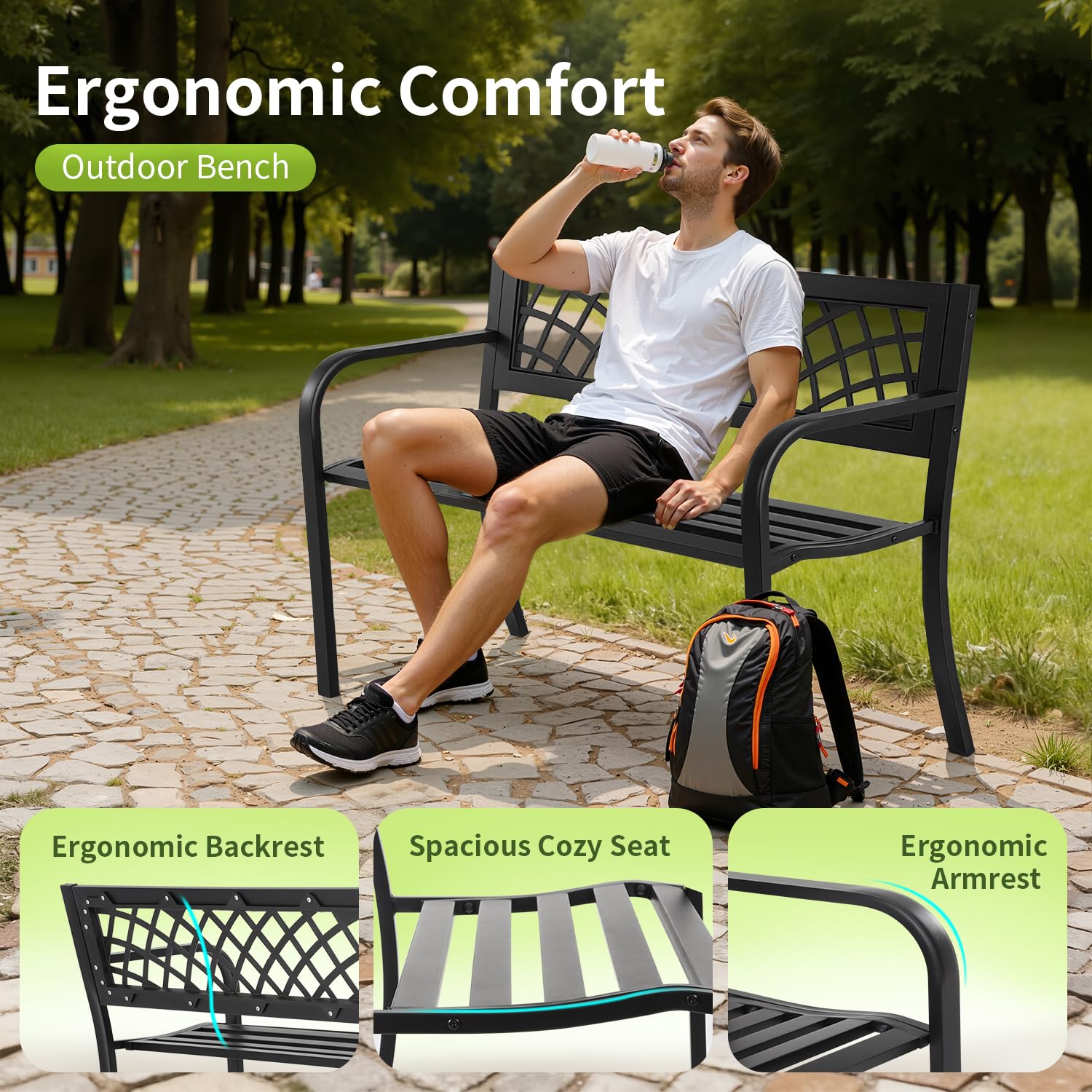 FDW | 46" Outdoor Garden Bench | Black | 480lbs Load Capacity