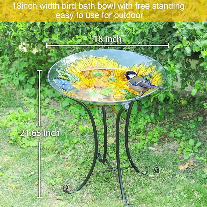 MUMTOP Outdoor Glass Birdbath with Metal Stand for Outside Lawn Yard Garden Sunflower Decor,18??Dia/21.65 Height