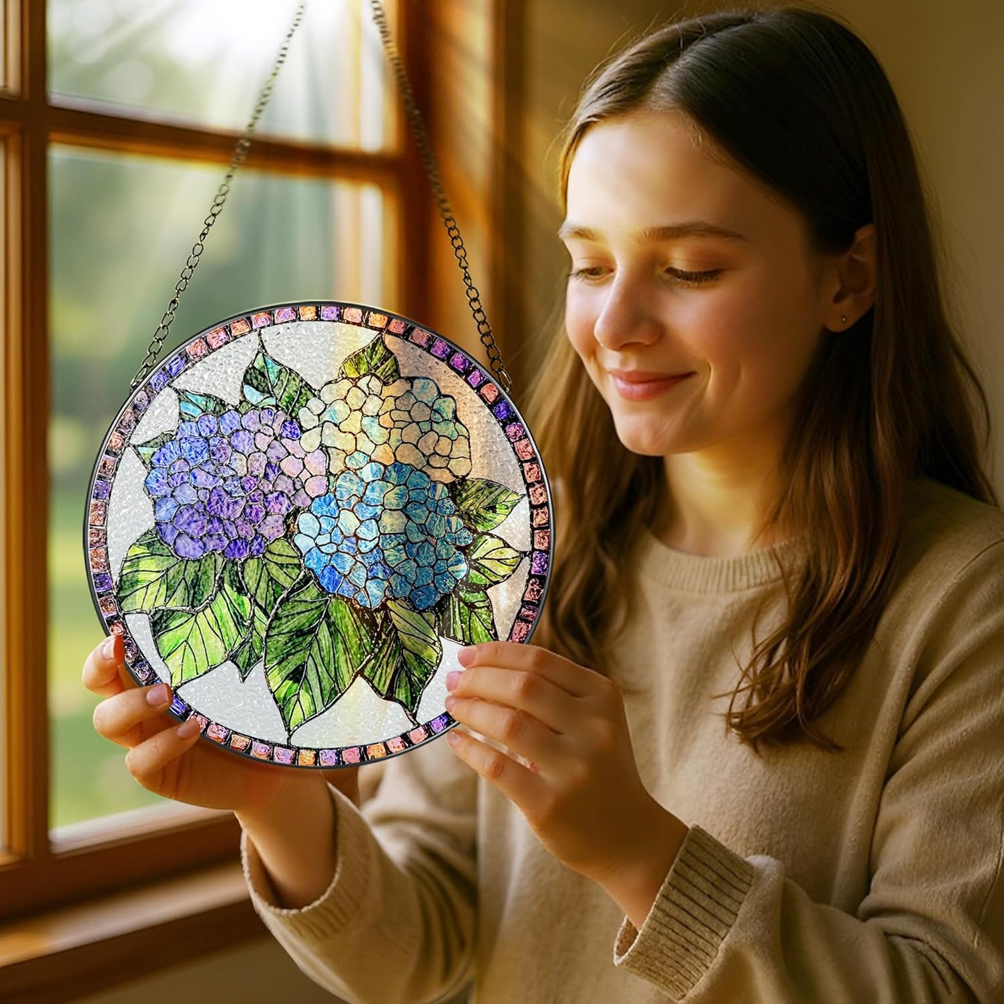 8-Inch Stained Glass Ornament, Stained Glass Window Hanging, Window Hanging Decor Suncatcher, Blue Hydrangea Ornament | Christmas, Mother's Day, Birthday | Gifts for Mom, Garden Gifts for Friends
