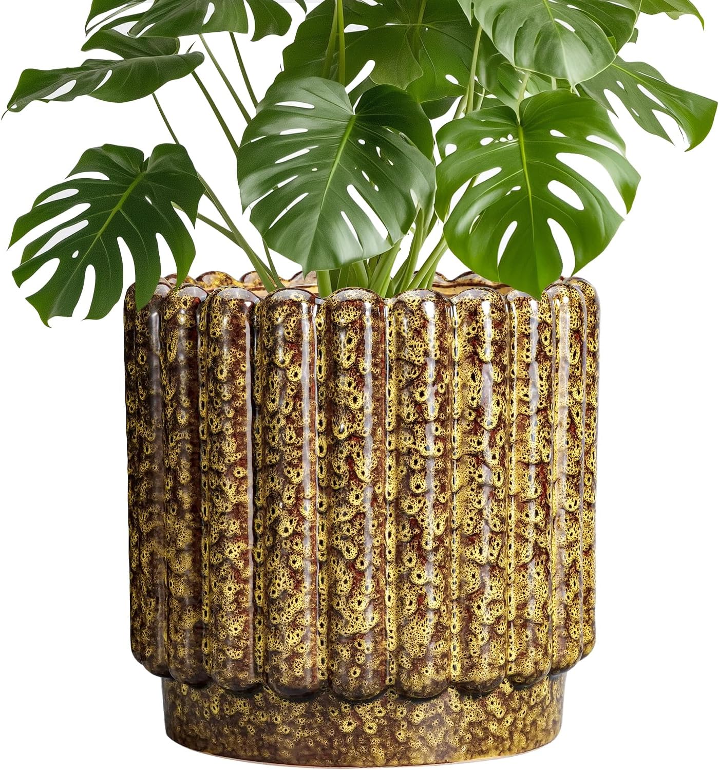 Ceramic Pots for Plants - 9.6 Inch Ceramic Planters for Indoor Plants, Round Flower Pots with Drainage Hole, Fluted Large Planter Outdoor, Patio Decor, Garden Gifts, Yellow