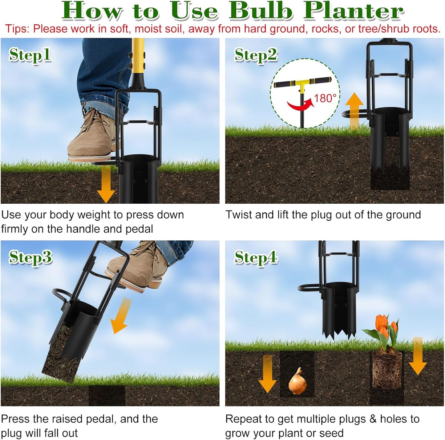 Bulb Planter Tool Long Handle, Plant Hole Digger with Soft Grip and Serrated Base, Heavy Duty 5-in-1 Sod Lawn Grass Plugger Tool Planting Digger Garden Transplanter for Tulips Iris Flower