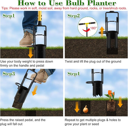 Bulb Planter Tool Long Handle, Plant Hole Digger with Soft Grip and Serrated Base, Heavy Duty 5-in-1 Sod Lawn Grass Plugger Tool Planting Digger Garden Transplanter for Tulips Iris Flower