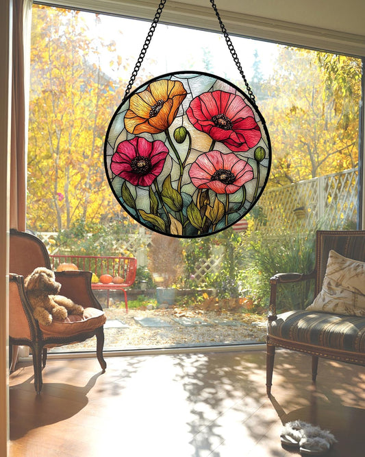 Stained Glass Suncatcher, Red Orange Poppy Flowers Sun Catcher Silver Background Wildflowers Window