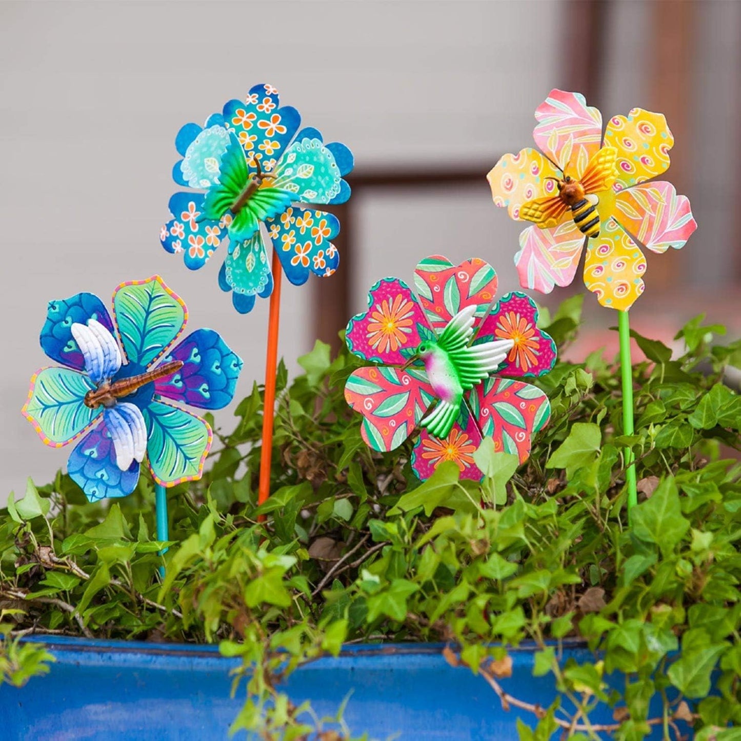 Topadorn Metal Floral Garden Stakes Waterproof Wind Spinner Decor - Colorful Windmill Design for Patio, Lawn, Garden, for Plant Lovers,4 Pack