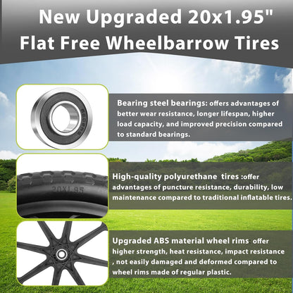 Upgraded 20" Flat Free Wheels Compatible with rubbermaid Wheelbarrow Tires, 20" Flat Free Tires with 5/8" Bearings Replacement for rubbermaid Cart Wheels/Big Wheel Utility Carts(5/8" Bearings)