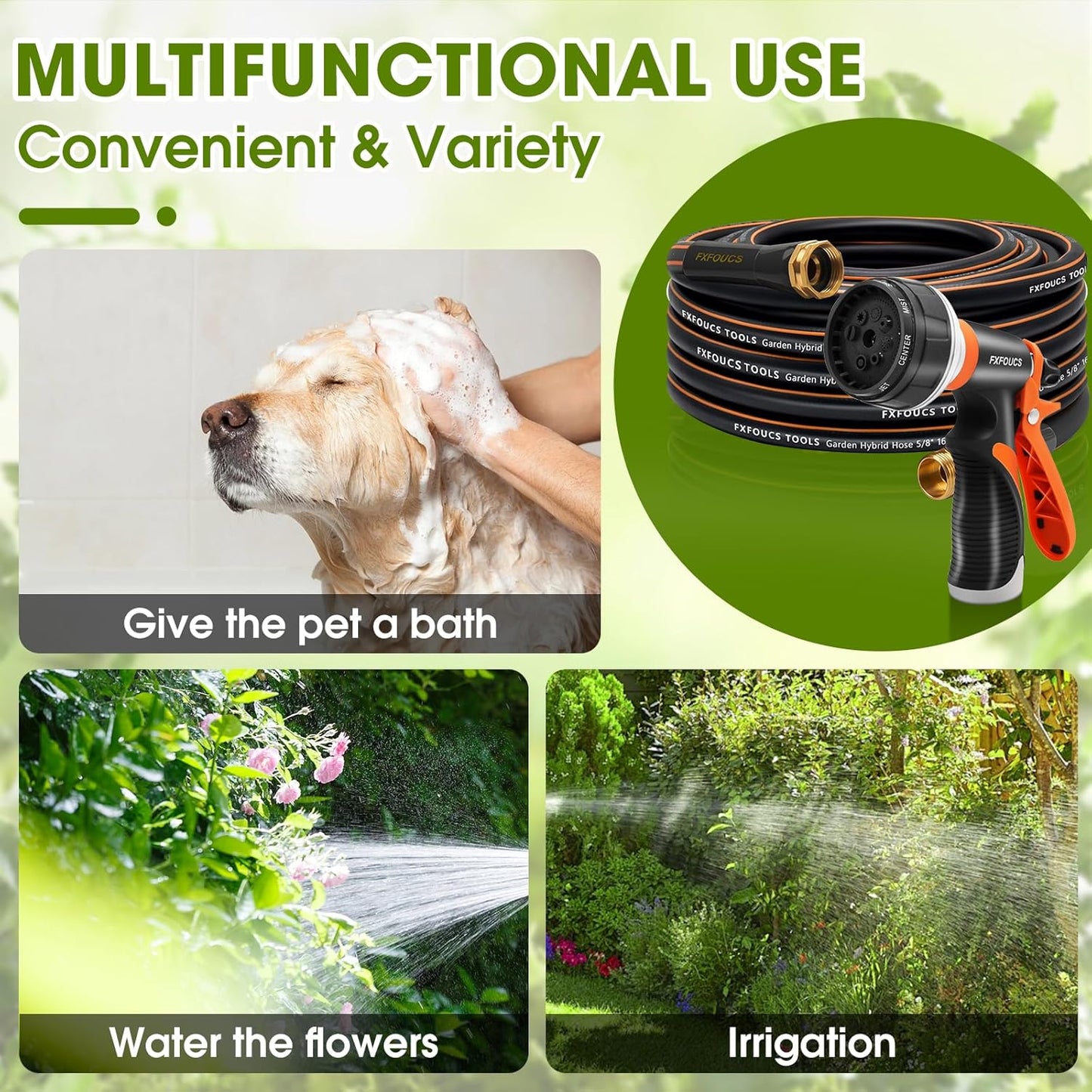 Heavy Duty Garden Hose – 5/8 Inch Flexible, Lightweight Hybrid Hose with 600 PSI Burst Pressure, Swivel Handle, and Durable Copper Male/Female Fittings (Black with hose sprayer, 50FT)