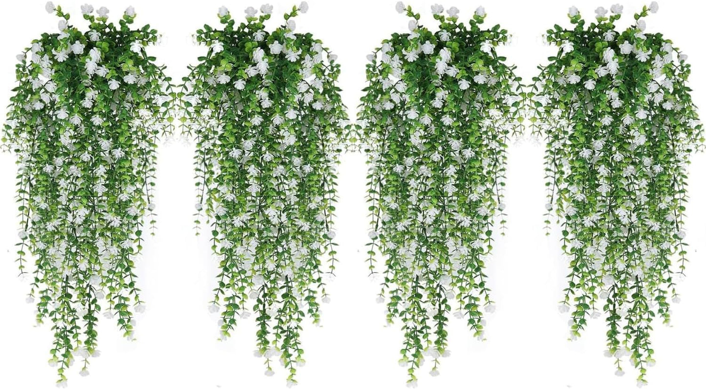 WEISPARK Artificial Hanging Flowers, 12pcs Fake Eucalyptus Vine Faux Flower Greenery Garland Plastic Plants for Indoor Outdoor Wall Garden Wedding Home Party Decor (12pcs White)