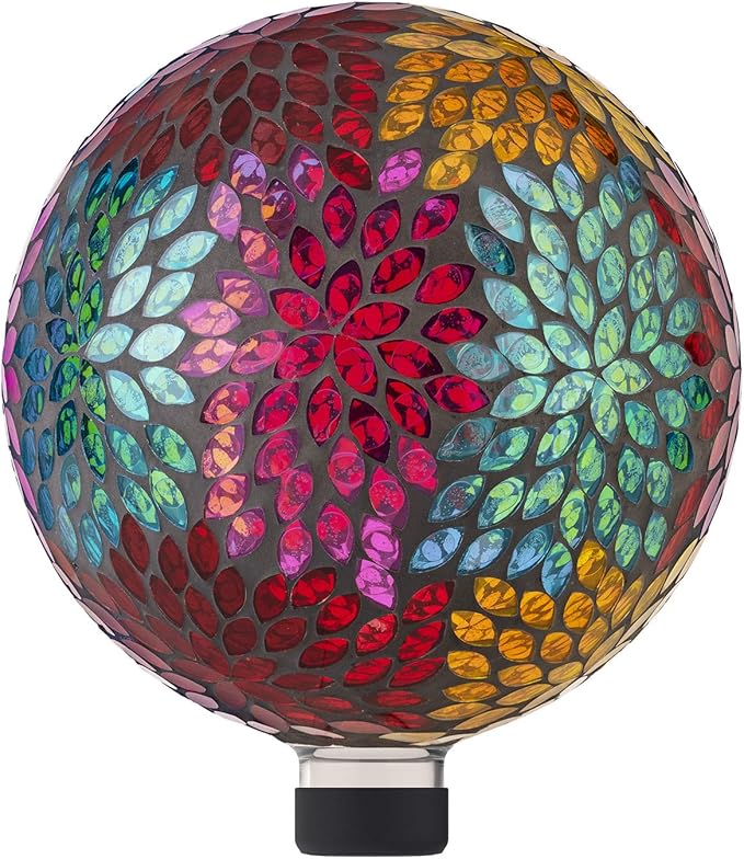 Alpine Corporation HMD172 10" Diameter Indoor Outdoor Glass Gazing Globe Yard Decoration, Mosaic Multicolor Leaf