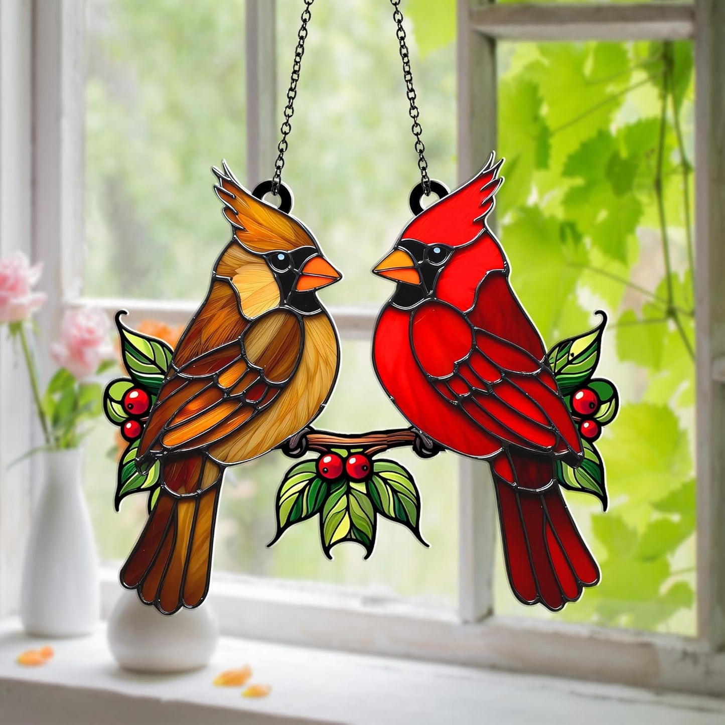 Cardinal Bird Suncatcher – Acrylic Window Hanging Ornament, Red & Brown Cardinal Couple, Memorial Bird Sun Catcher Gift for Mom, Nature Garden Window Decor (Sun-32)