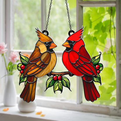 Cardinal Bird Suncatcher – Acrylic Window Hanging Ornament, Red & Brown Cardinal Couple, Memorial Bird Sun Catcher Gift for Mom, Nature Garden Window Decor (Sun-32)