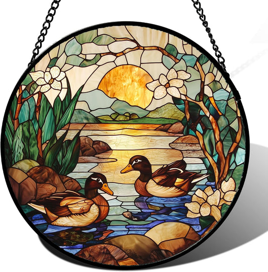 Stained Glass Window Hanging, Ducks in The Pond Sun Catcher for Door Home Decor Landscape Plant