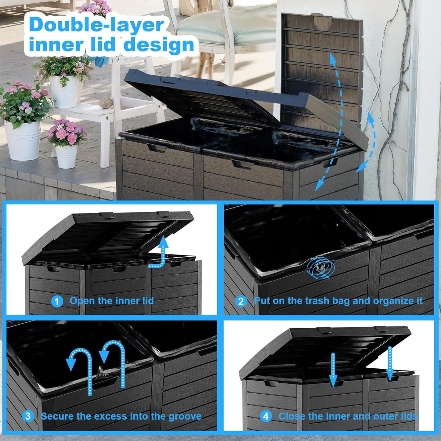 Outdoor Trash Can with Lid, Outdoor Trash Bin & Pull-Out Liquid Drawer, Dual Lid Closure Design, Waterproof Resin Garbage Can Container for Patio, Backyard, Deck (Black, 61 Gallon)