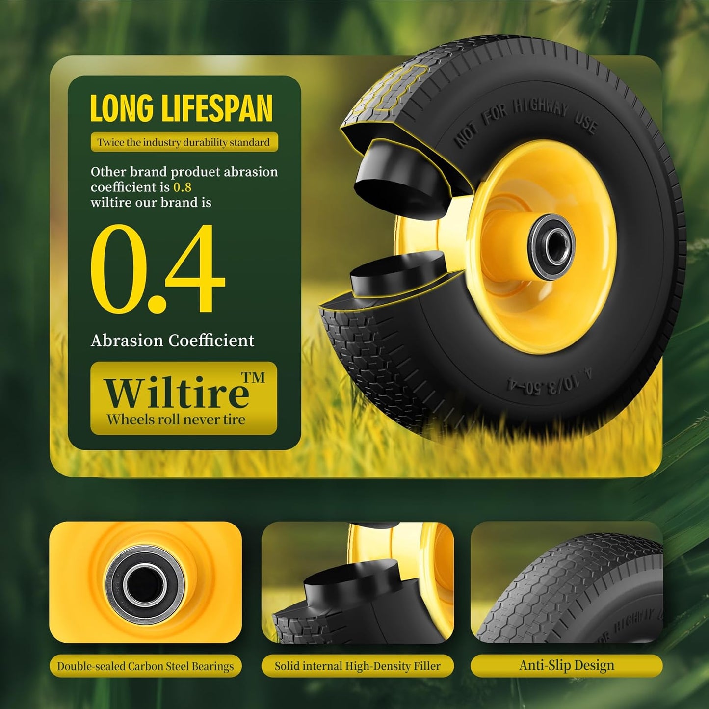 (2 Pack) 4.10/3.50-4 Flat Free Tire and Wheel 10-Inch Solid Wheel Replacement with 5/8 Extra 3/4 &1/2 Bearings,2.2" Offset Hub -Compatible with Hand Truck,Wheelbarrow(Wave,Yellow)