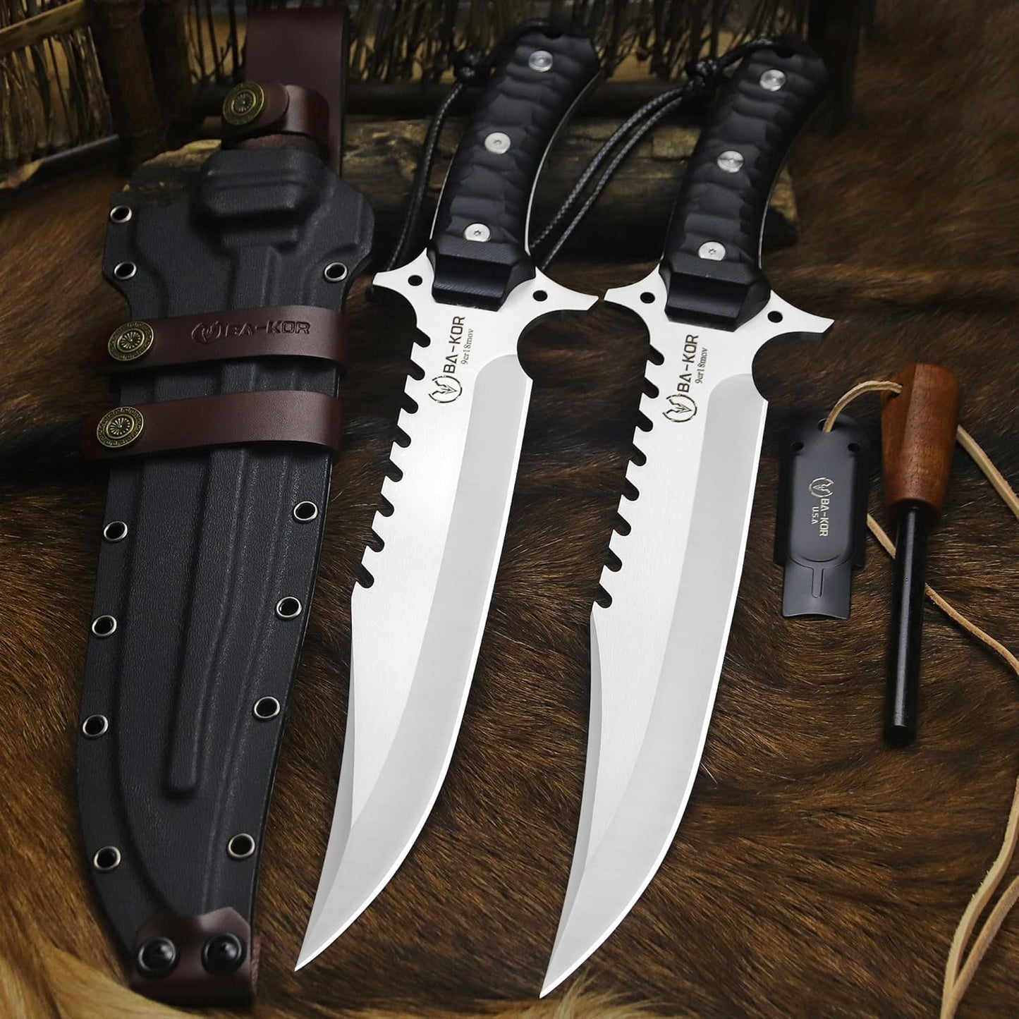BA-KOR (15.8 inches) 5mm full Tang 9CR18MOV steel nylon fiber handle Bowie knife + sheath + (5.9 inches) cerium element striker, suitable for outdoor hunting, camping, survival, and daily carry of tools. (Sanding (full edge))