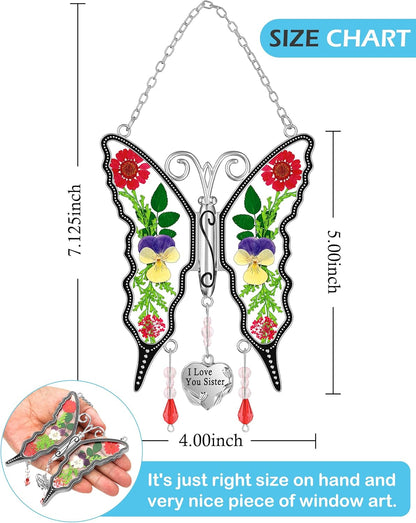 KY&BOSAM Butterfly Suncatcher for Window Hanging I Love You Sister Gift Stained Glass Wind Chime Pressed Real Flower Between Wings and Charm Birthday Gift for Sister Mother's Day Valentine's Christmas