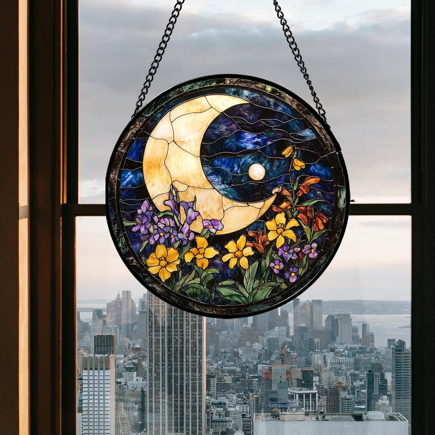 Stained Glass Window Hanging - Blue Night Sky Moon Suncatcher for Door Terrace Garden Home Decor Wildflowers Sun Catcher Birthday Gifts for Lovers Women Men Dad Mom Nana 7.8 in