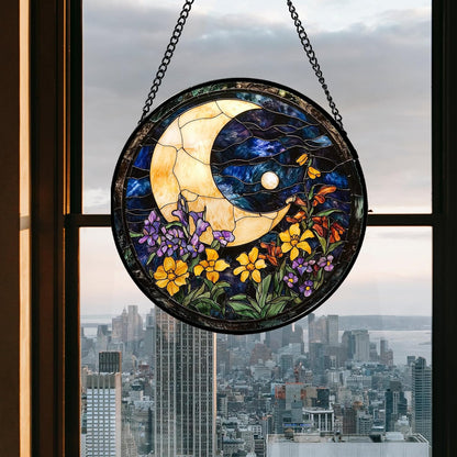 Stained Glass Window Hanging - Blue Night Sky Moon Suncatcher for Door Terrace Garden Home Decor Wildflowers Sun Catcher Birthday Gifts for Lovers Women Men Dad Mom Nana 9.8 in