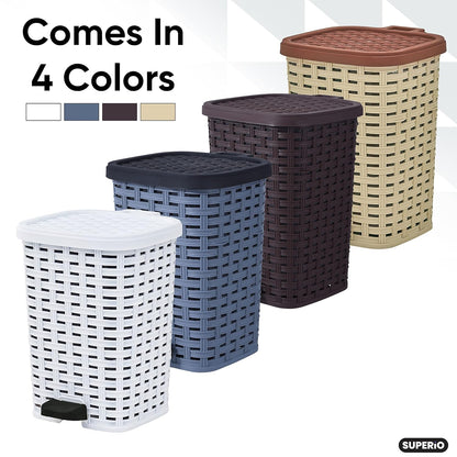 Superio Small Outdoor Trash Can with Lid for Dog Poop 6.8 Gallon/26 L Plastic Step On Garbage Can with Foot Pedal for Bathroom, Bedroom, Office, Patio, Wicker White