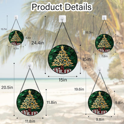 Stained Glass Window Hanging -Gold Green Christmas Tree Suncatcher for Doors Home Christmas Decoration Winter Sun Catcher Thanksgiving New Year Birthday Gifts for Women Men Mom Nana 15 in