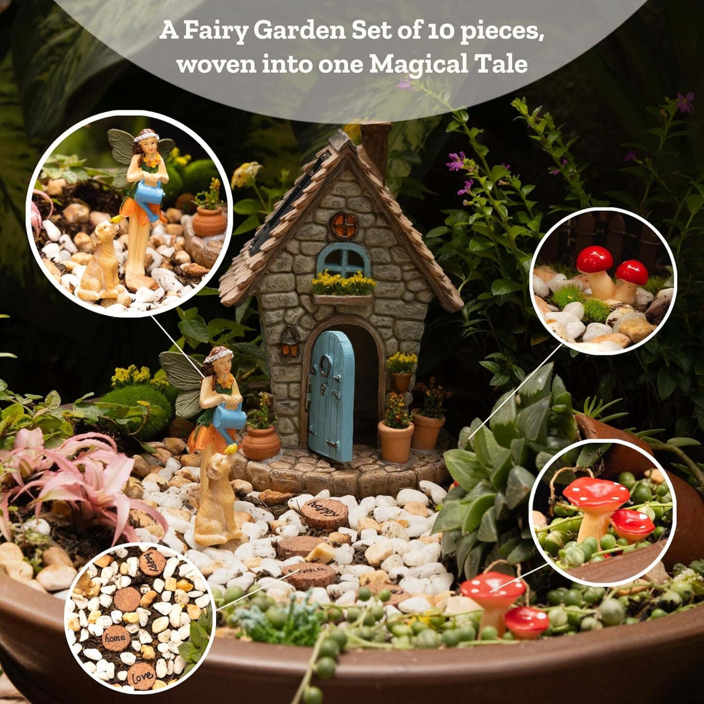 My Fairy Garden Kit – 11-Piece Fairy House Set - 7.1" High Fairy House for Outside with Open Door & Solar Light, Fairy & Dog Figurines, Mushrooms & Miniature Accessories – Outdoor Decor Gift