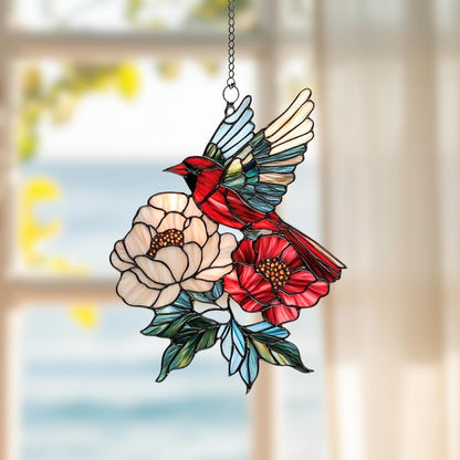 Cardinal Acrylic Suncatcher Stained Glass Effect Memorial Window Car Hanging Christmas Ornament Indoor Outdoor Decor Garden Sympathy Sun Catcher Panel for Family for Women Mom Grandma