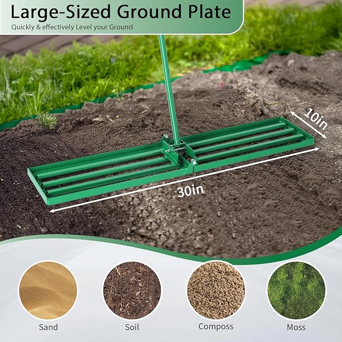 VINGLI Iron Lawn Leveling Rake 30in for Soil Sand Composs, Extended Handle, 180°Rotation Head, with All Handwares, for Yard Garden Golf Field, Green (30in)
