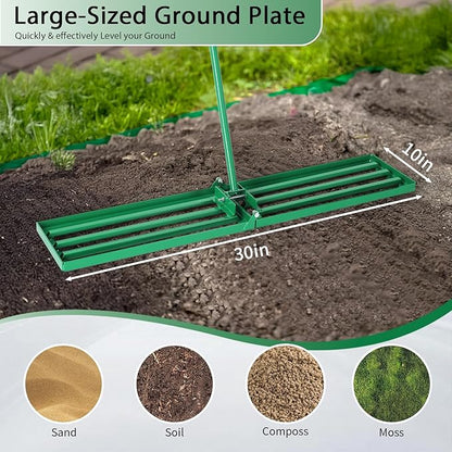 VINGLI Iron Lawn Leveling Rake 30in for Soil Sand Composs, Extended Handle, 180°Rotation Head, with All Handwares, for Yard Garden Golf Field, Green (30in)